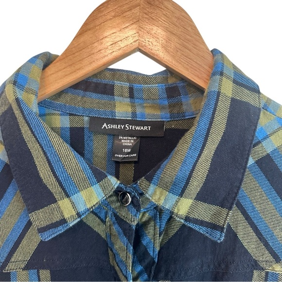 Ashley Stewart Women's 16W Cotton Metallic Blue Plaid Flannel Plus Button-up Top - Picture 2 of 5